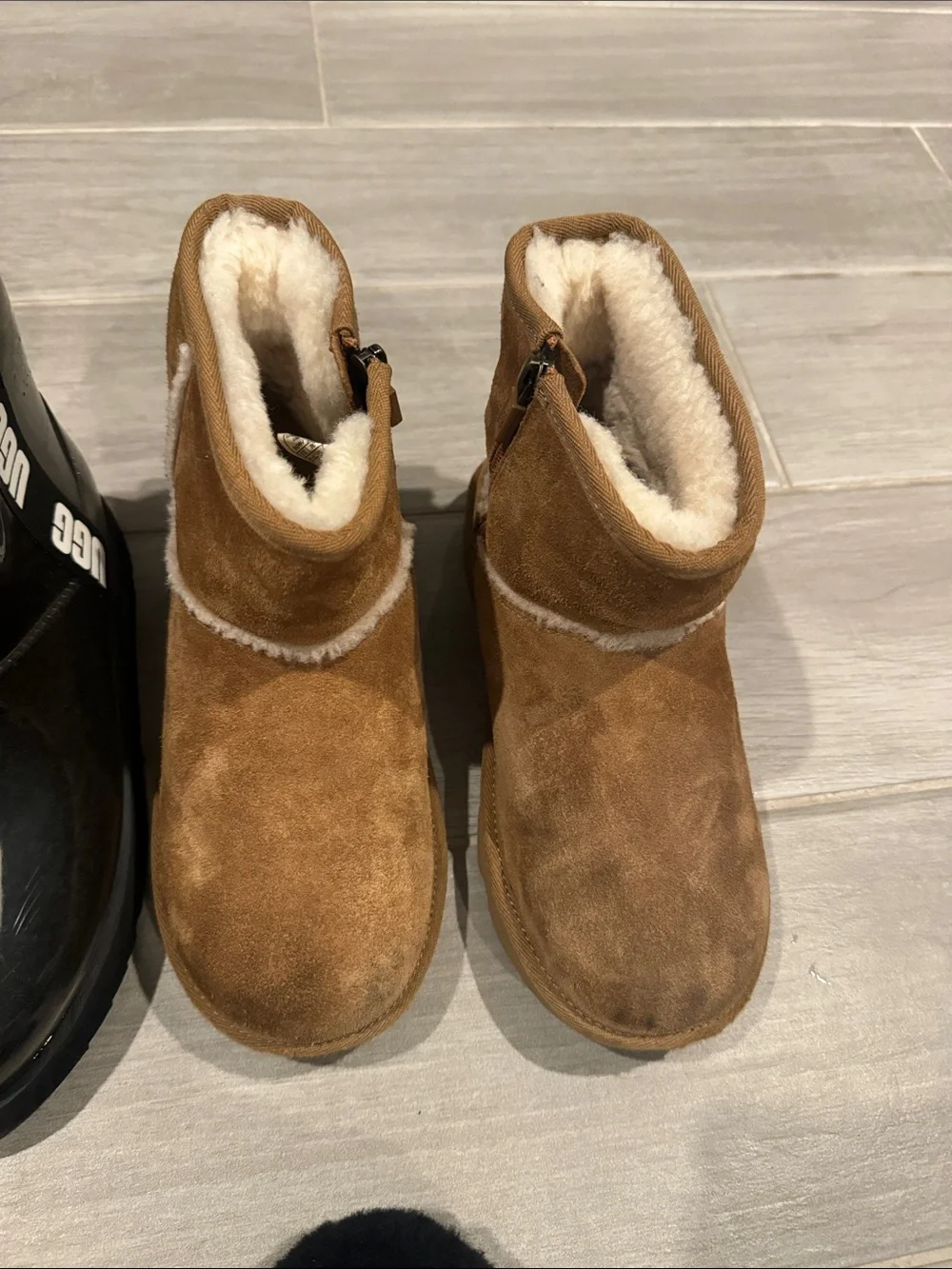 UGG Kids Black Faux Fur Slide Sandals